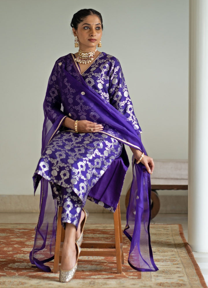 Purple Jaal Weaved Brocade Silk Kurta Pant Set Sobariko - Fabilicious Fashion