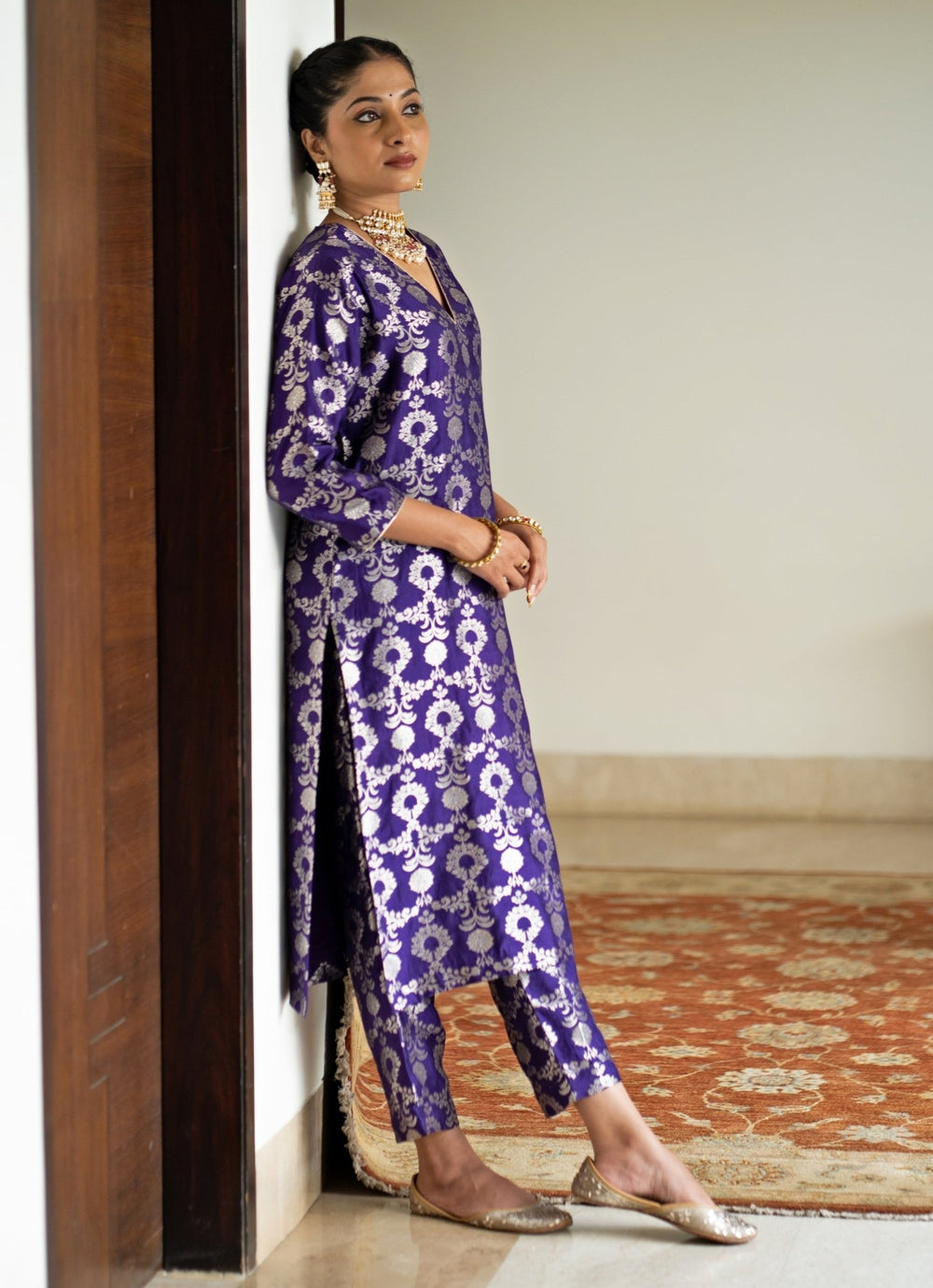 Purple Jaal Weaved Brocade Silk Kurta Pant Set Sobariko - Fabilicious Fashion