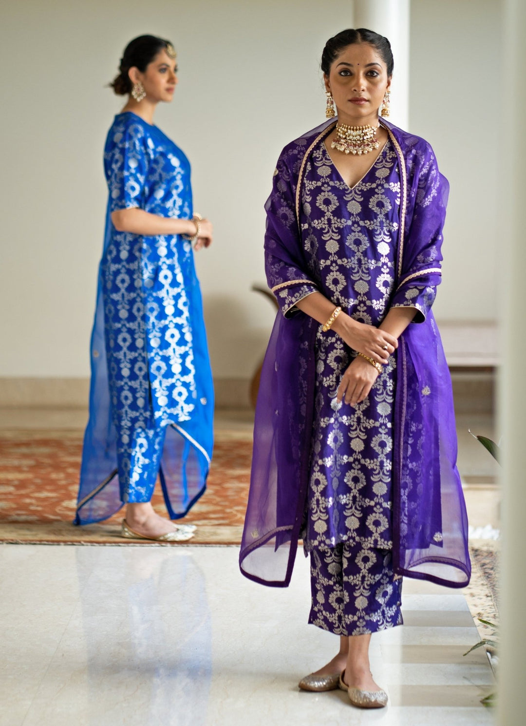Purple Jaal Weaved Brocade Silk Kurta Pant Set Sobariko - Fabilicious Fashion