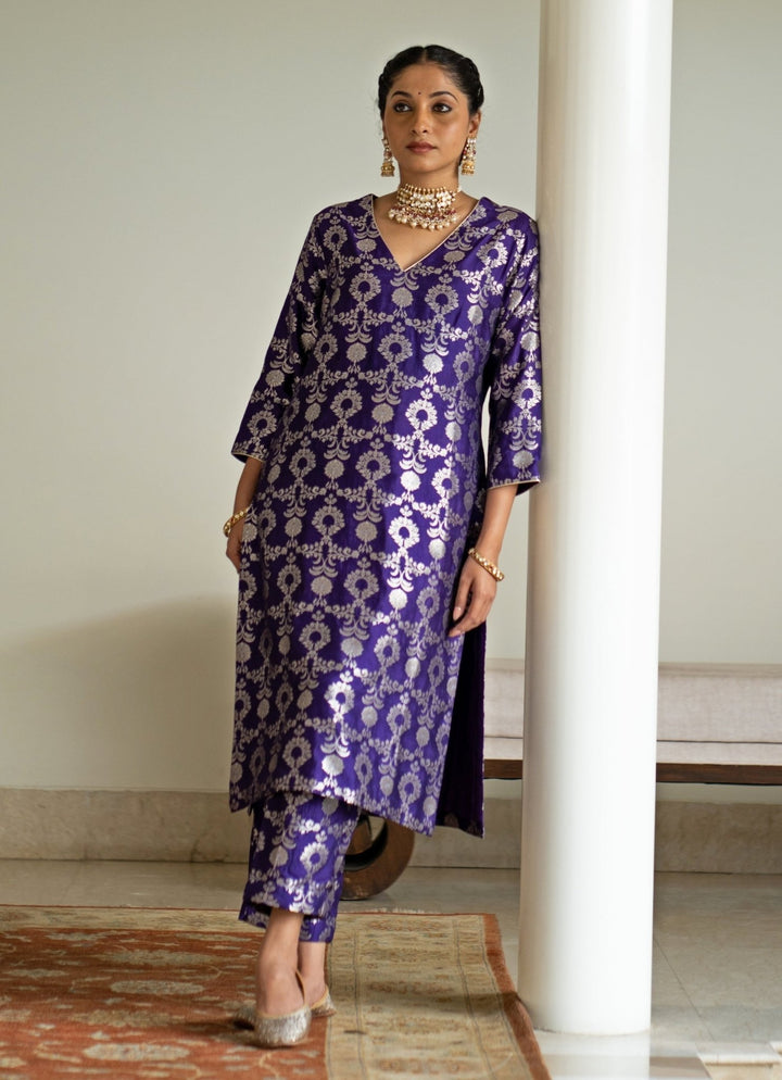 Purple Jaal Weaved Brocade Silk Kurta Pant Set Sobariko - Fabilicious Fashion