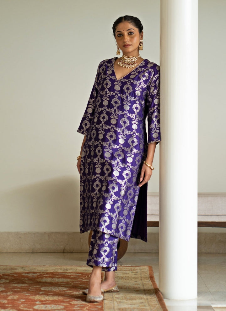 Purple Jaal Weaved Brocade Silk Kurta Pant Set Sobariko - Fabilicious Fashion