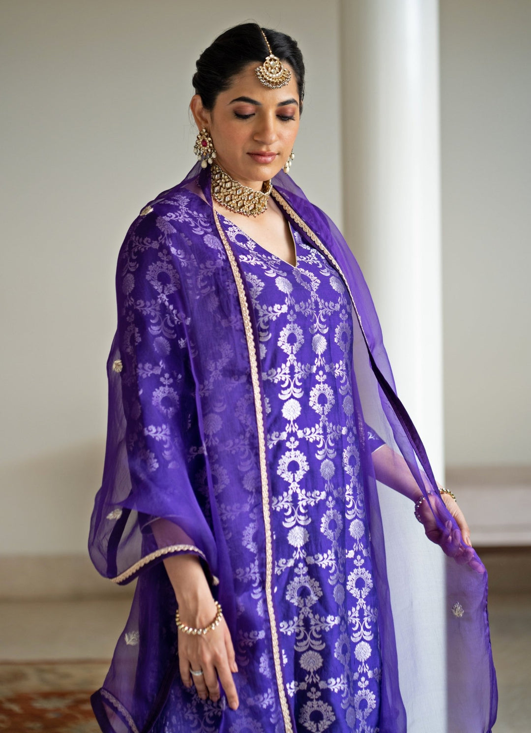 Purple Jaal Weaved Silk Kurta Sharara Set Sobariko - Fabilicious Fashion