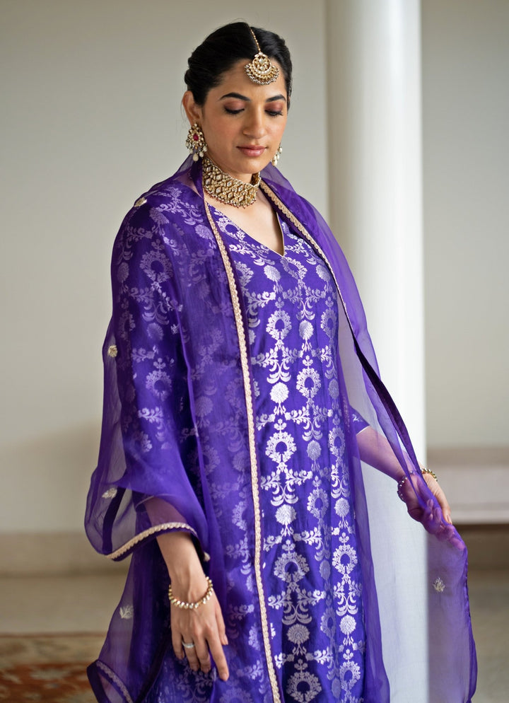 Purple Jaal Weaved Silk Kurta Sharara Set Sobariko - Fabilicious Fashion