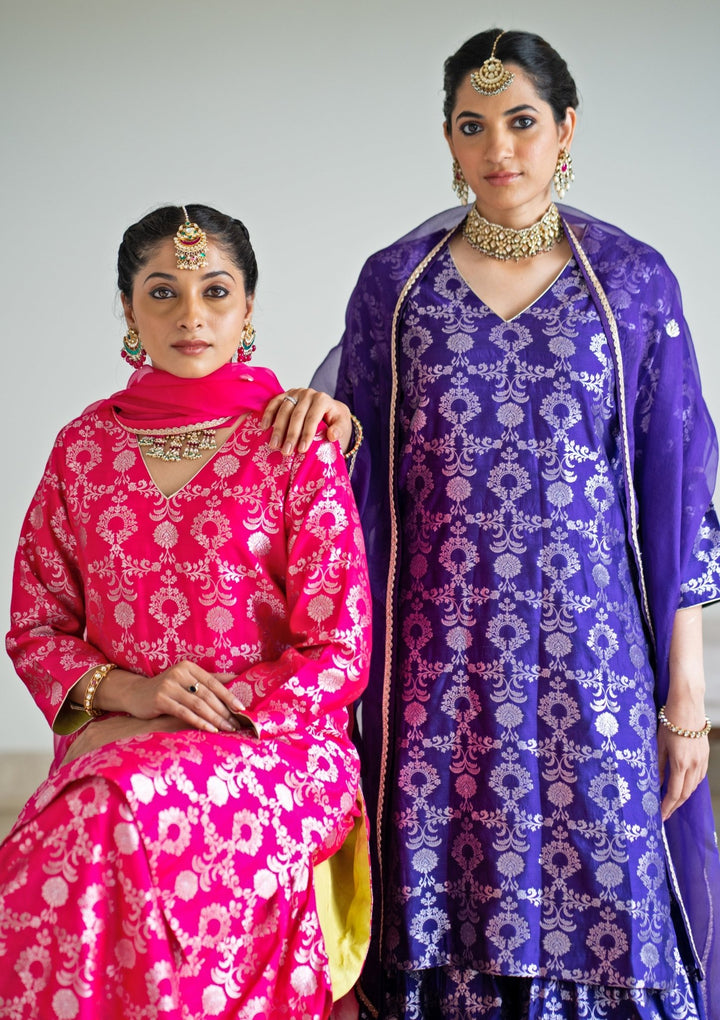 Purple Jaal Weaved Silk Kurta Sharara Set Sobariko - Fabilicious Fashion
