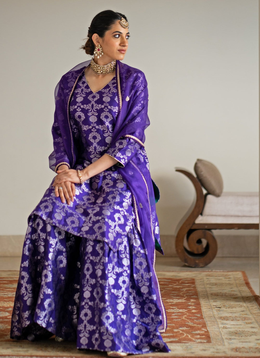 Purple Jaal Weaved Silk Kurta Sharara Set Sobariko - Fabilicious Fashion