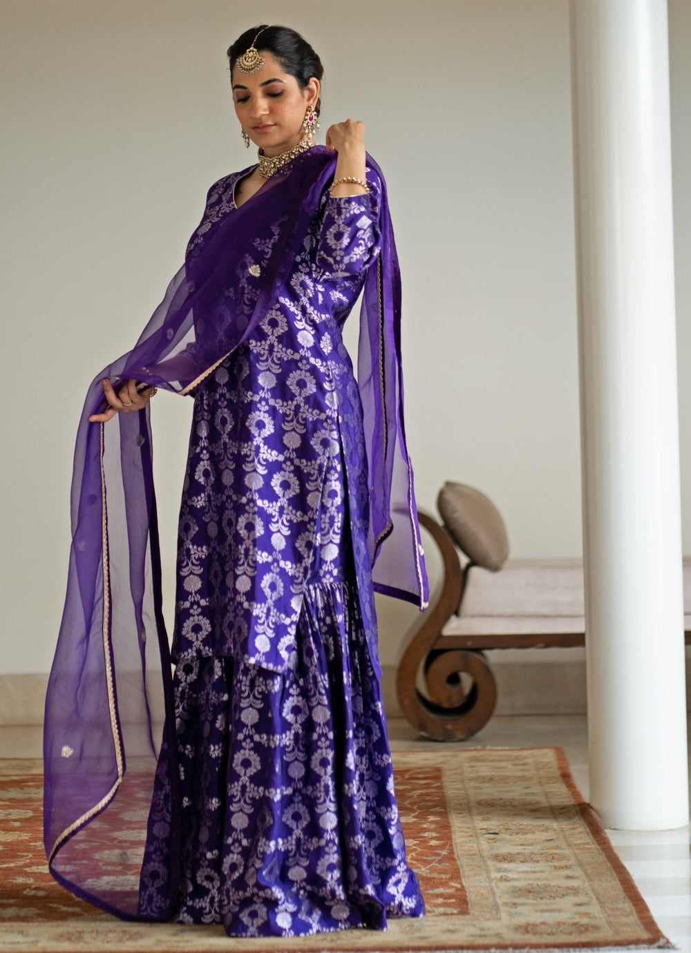 Purple Jaal Weaved Silk Kurta Sharara Set Sobariko - Fabilicious Fashion