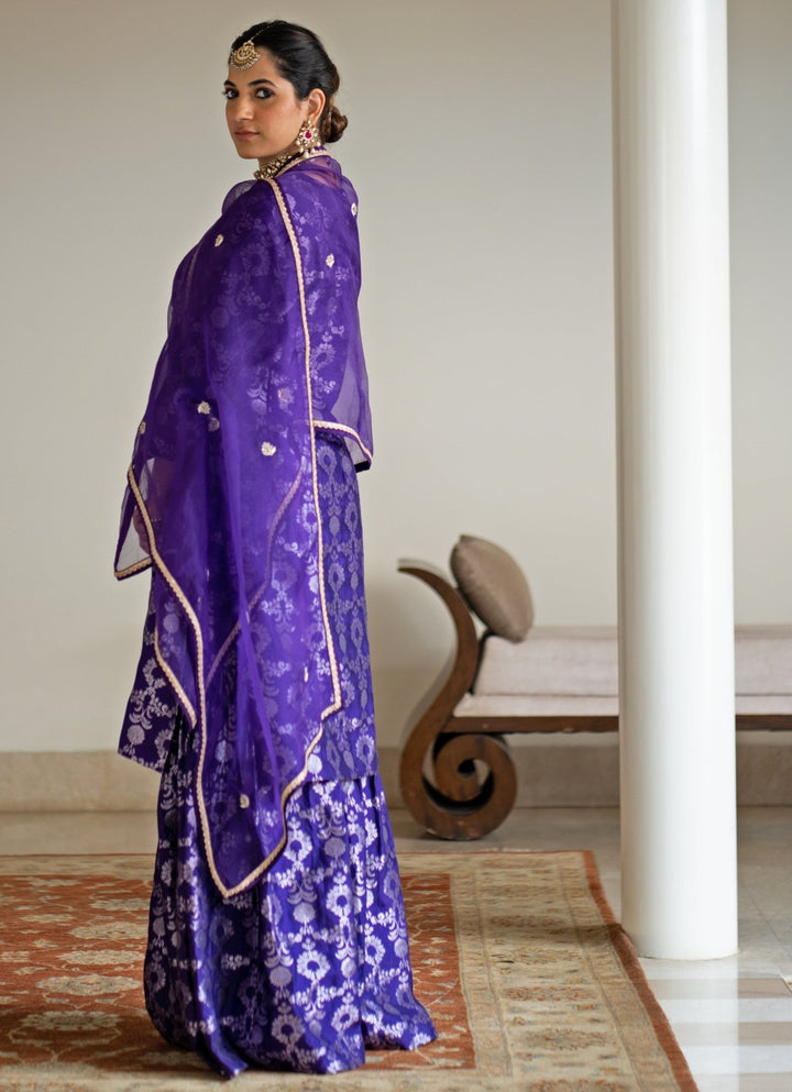 Purple Jaal Weaved Silk Kurta Sharara Set Sobariko - Fabilicious Fashion