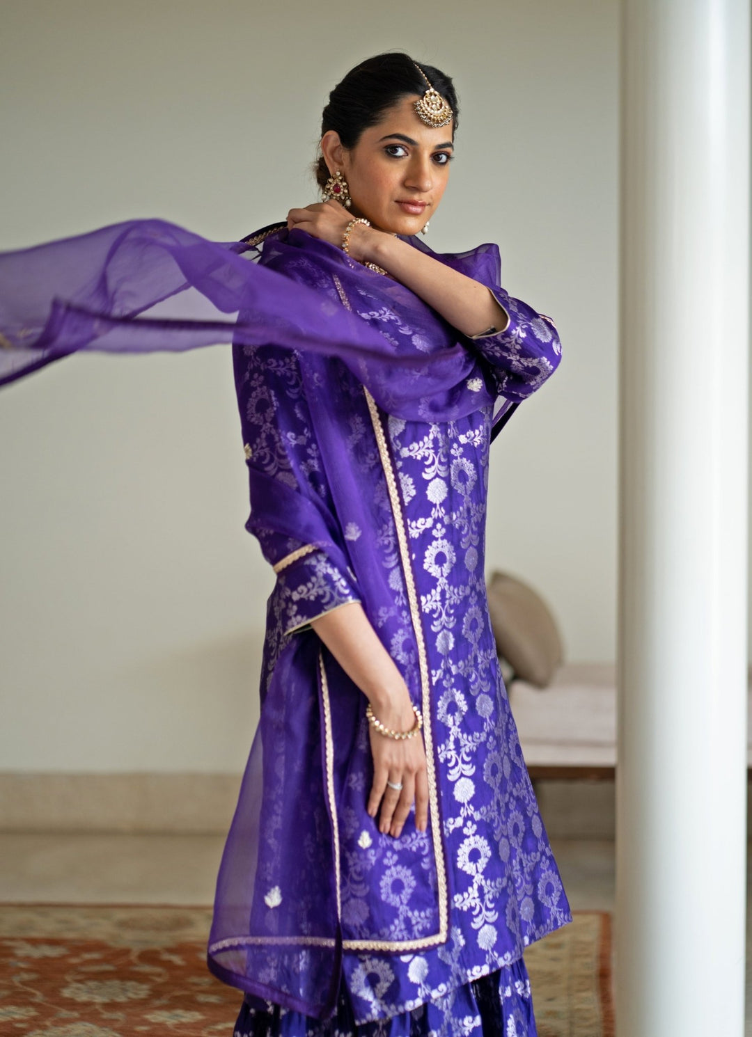 Purple Jaal Weaved Silk Kurta Sharara Set Sobariko - Fabilicious Fashion