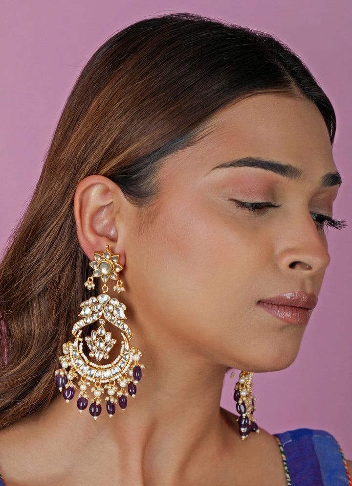 Purple Kundan Matte Gold Chaandbali Earrings Riana Jewellery - Fabilicious Fashion