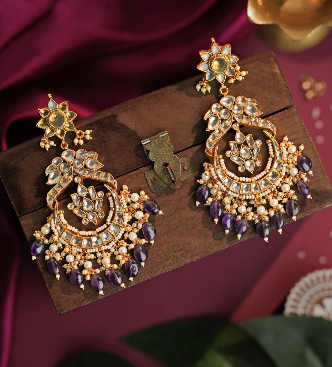 Purple Kundan Matte Gold Chaandbali Earrings Riana Jewellery - Fabilicious Fashion