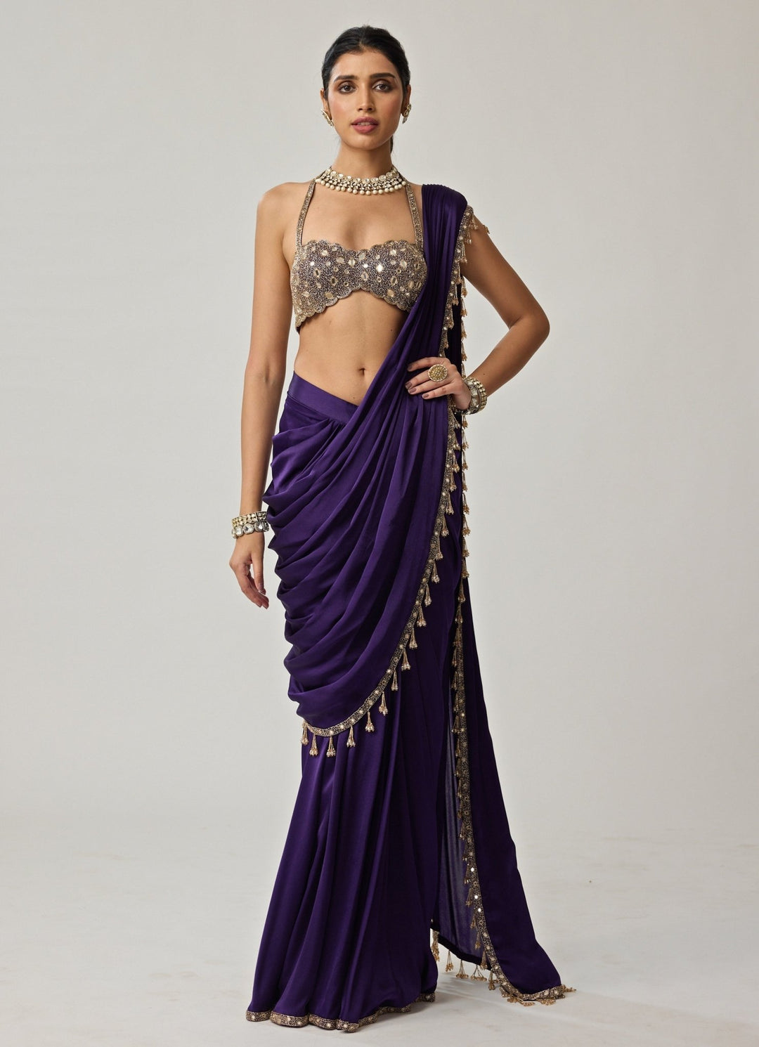 Purple Mirror Embroidered Draped Satin Saree Set Vvani by Vani Vats - Fabilicious Fashion