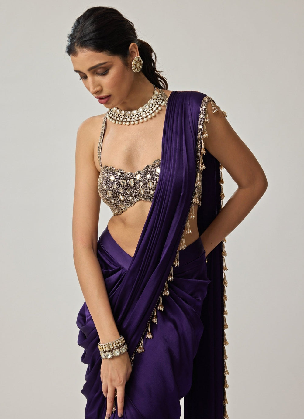 Purple Mirror Embroidered Draped Satin Saree Set Vvani by Vani Vats - Fabilicious Fashion