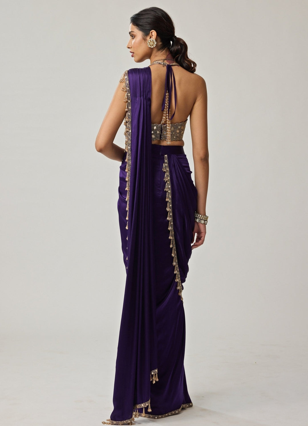 Purple Mirror Embroidered Draped Satin Saree Set Vvani by Vani Vats - Fabilicious Fashion