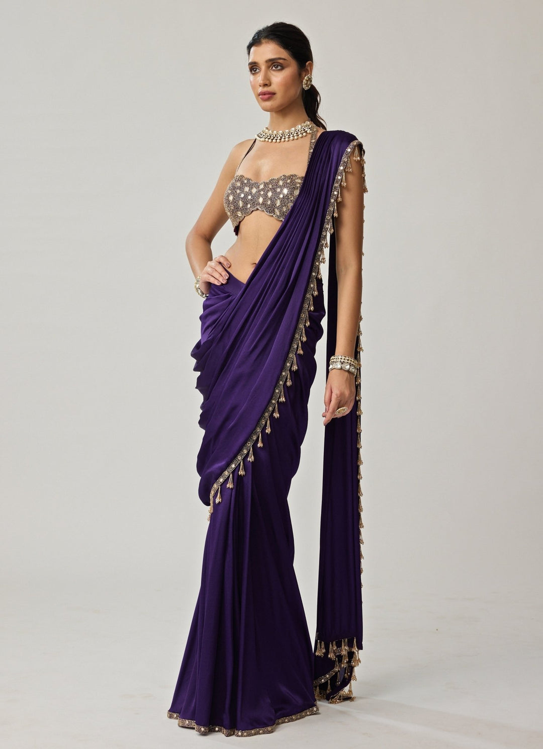 Purple Mirror Embroidered Draped Satin Saree Set Vvani by Vani Vats - Fabilicious Fashion