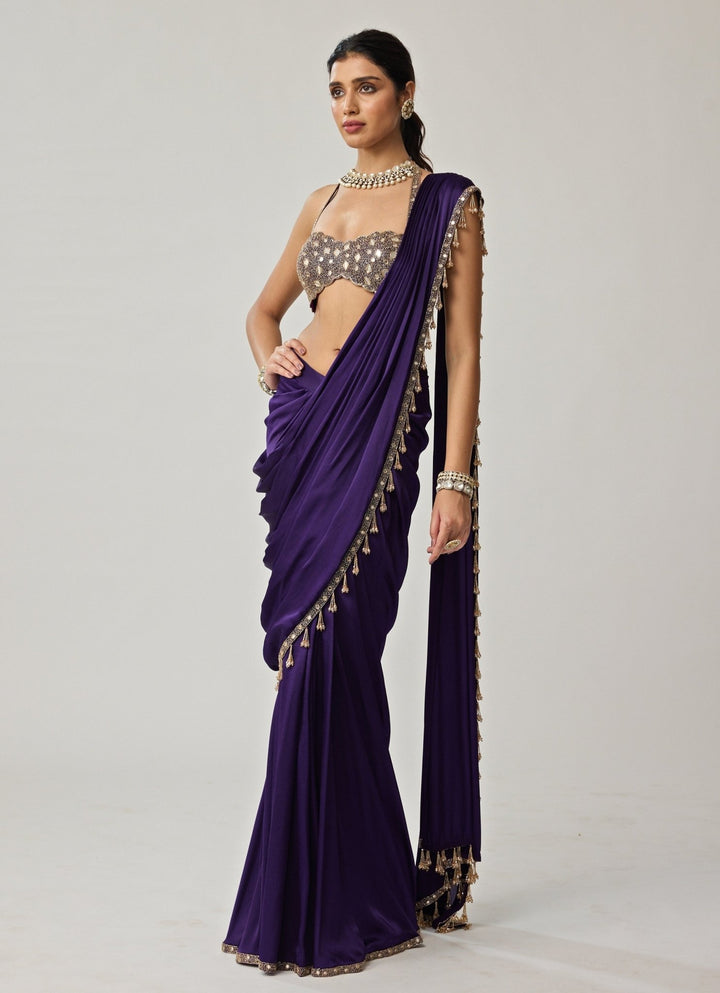 Purple Mirror Embroidered Draped Satin Saree Set Vvani by Vani Vats - Fabilicious Fashion