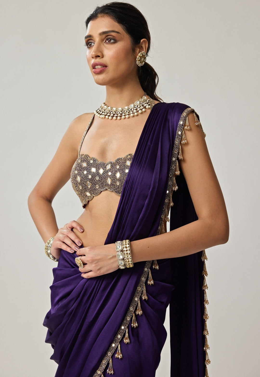 Purple Mirror Embroidered Draped Satin Saree Set Vvani by Vani Vats - Fabilicious Fashion