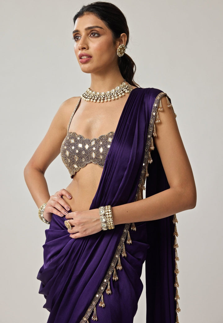 Purple Mirror Embroidered Draped Satin Saree Set Vvani by Vani Vats - Fabilicious Fashion