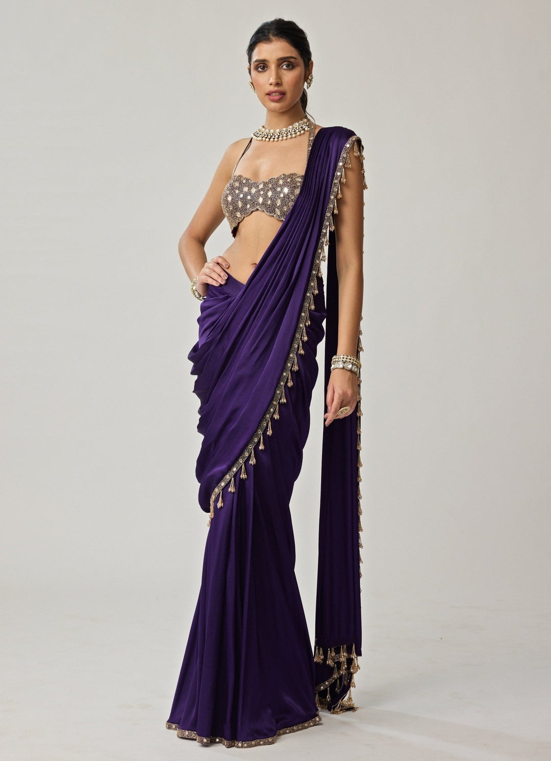 Purple Mirror Embroidered Draped Satin Saree Set Vvani by Vani Vats - Fabilicious Fashion