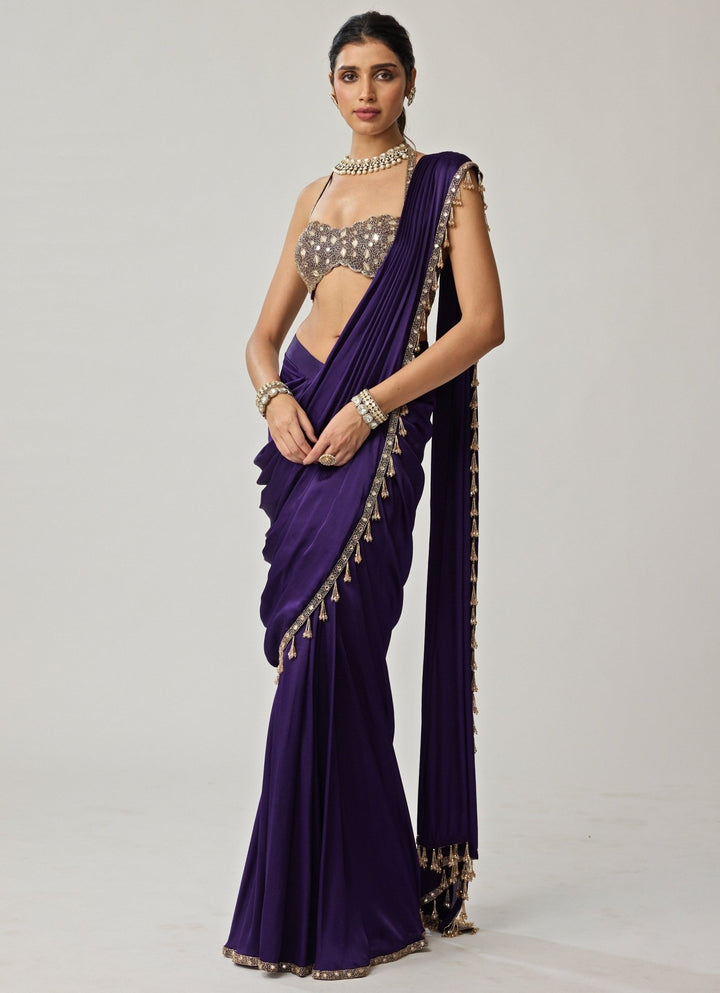 Purple Mirror Embroidered Draped Satin Saree Set Vvani by Vani Vats - Fabilicious Fashion