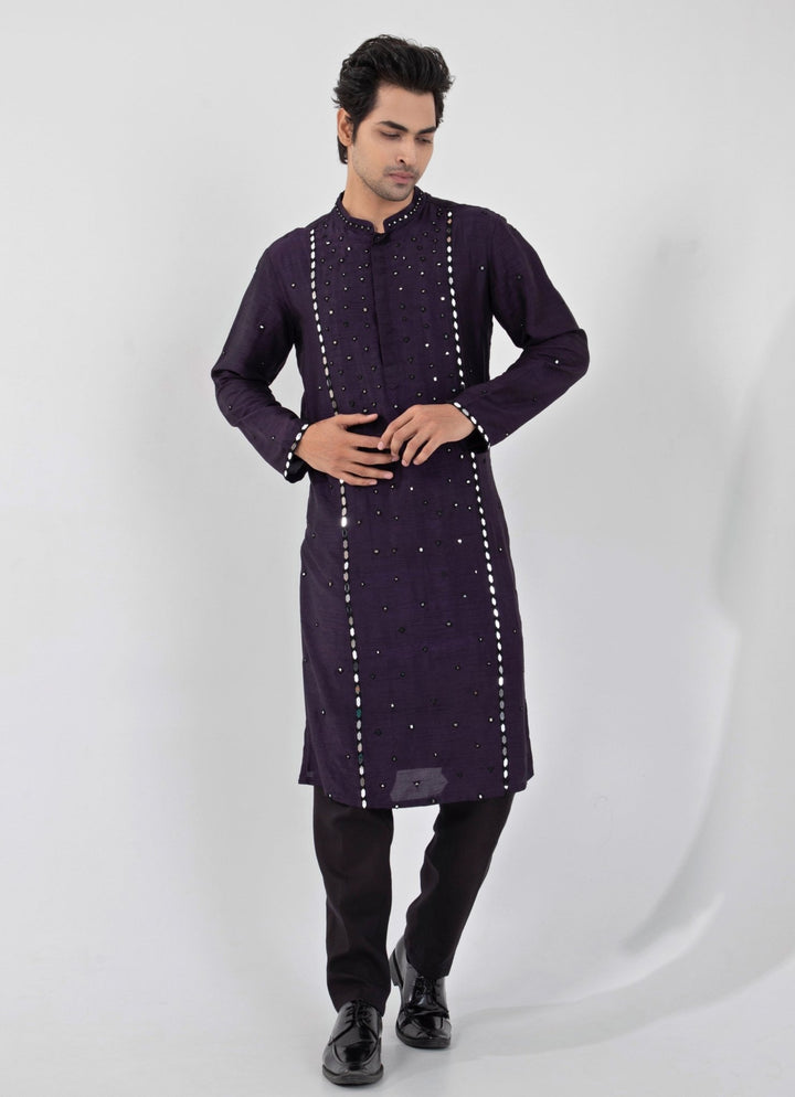 Purple Mirror Embroidered Silk Kurta Set Smriti - Fabilicious Fashion