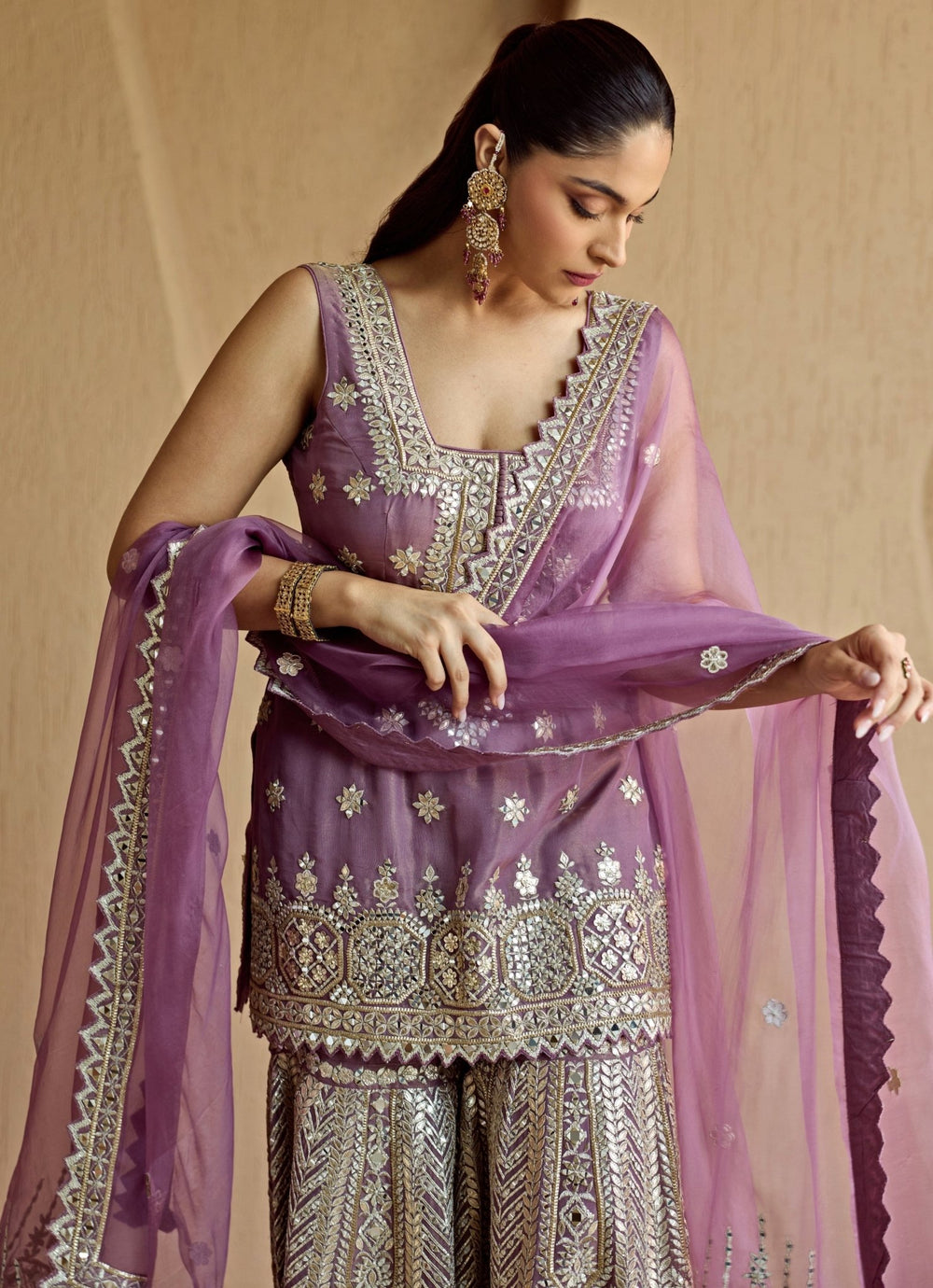 Purple Mirror Embroidered Tissue Kurta Garara Set Suhino - Fabilicious Fashion