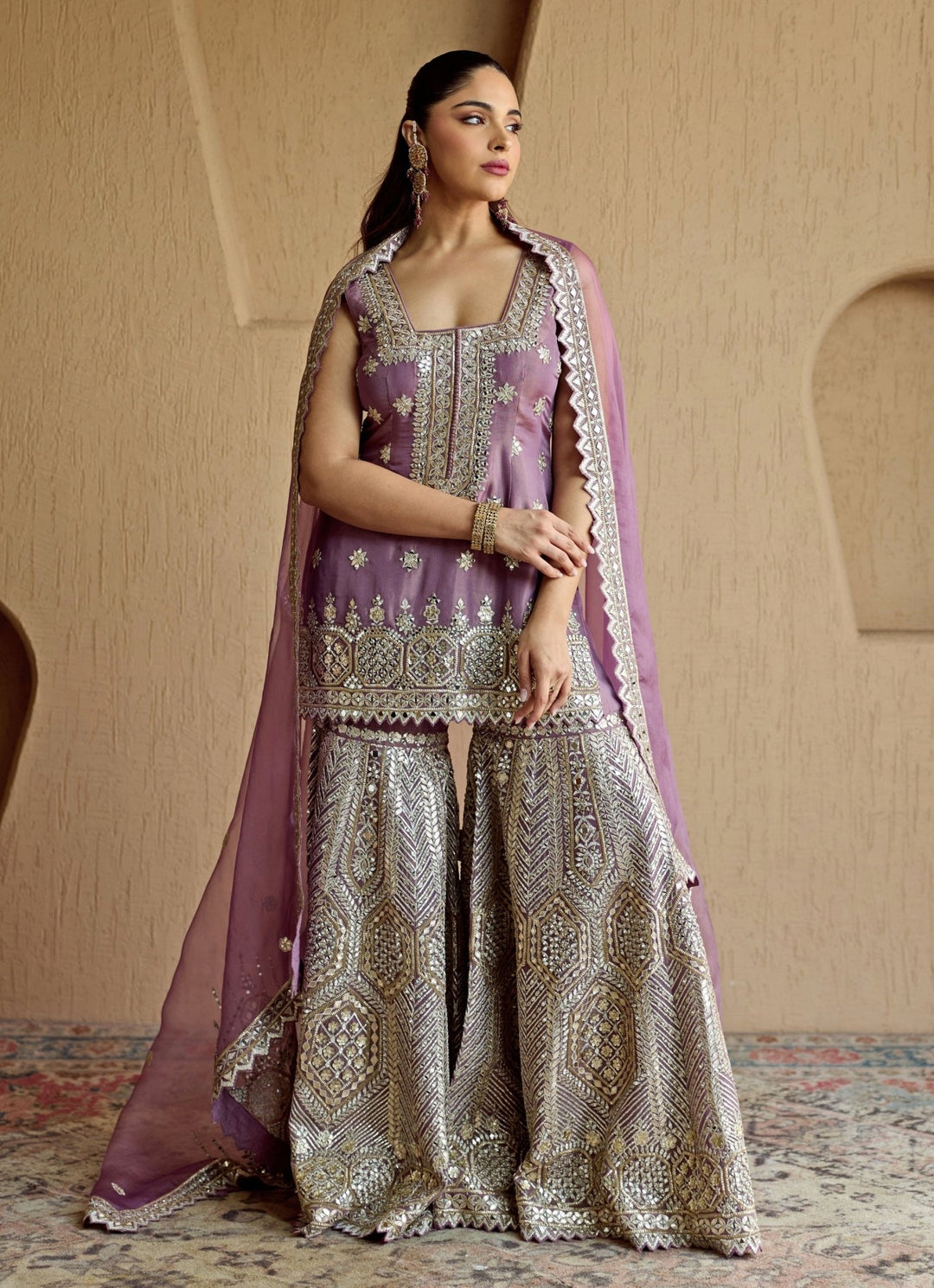 Purple Mirror Embroidered Tissue Kurta Garara Set Suhino - Fabilicious Fashion