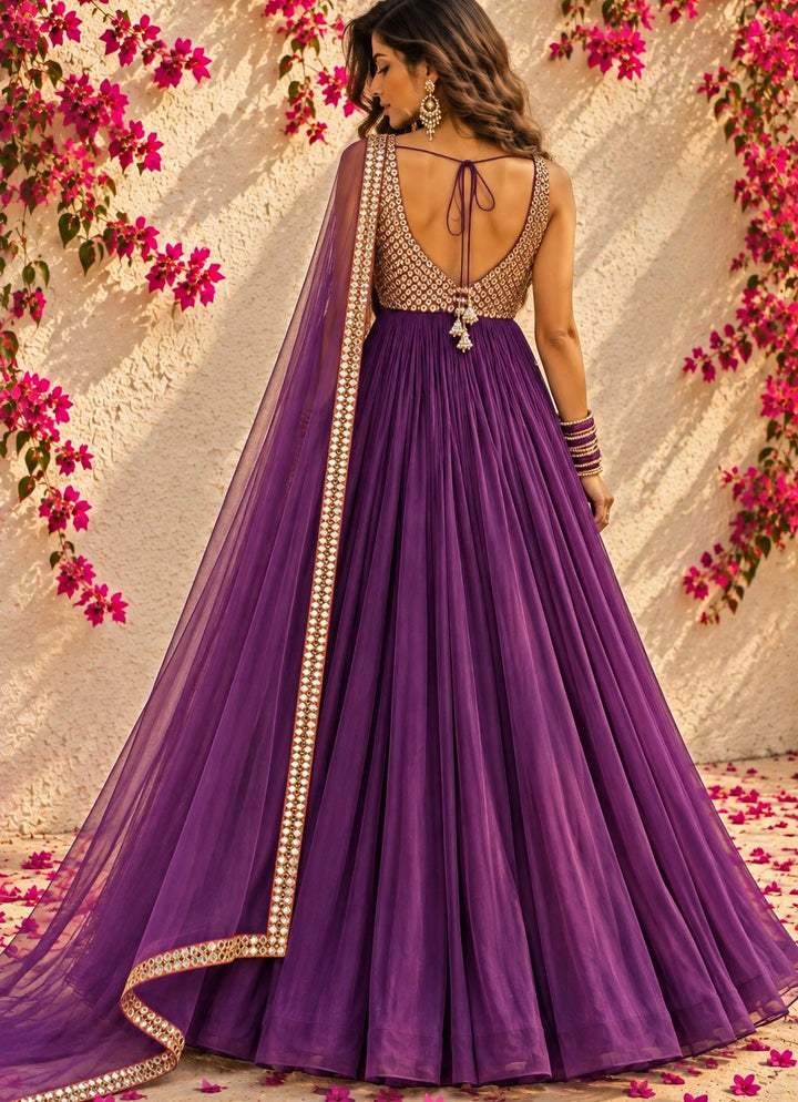 Anisha Shetty Purple Mirrorwork Georgette Anarkali SetFabilicious Fashion