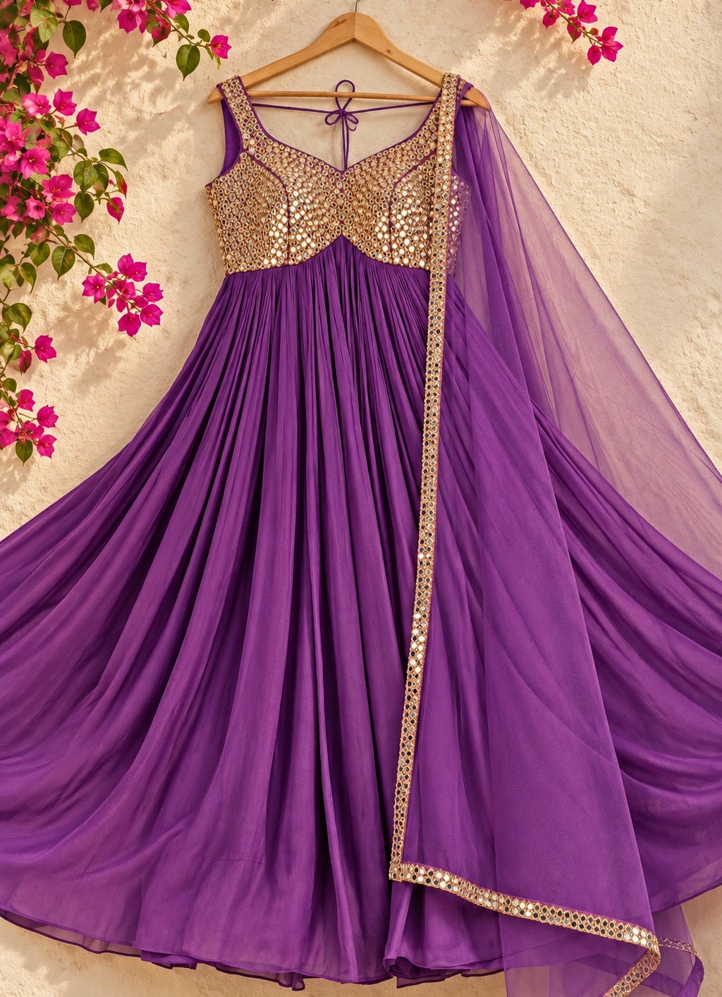 Anisha Shetty Purple Mirrorwork Georgette Anarkali SetFabilicious Fashion