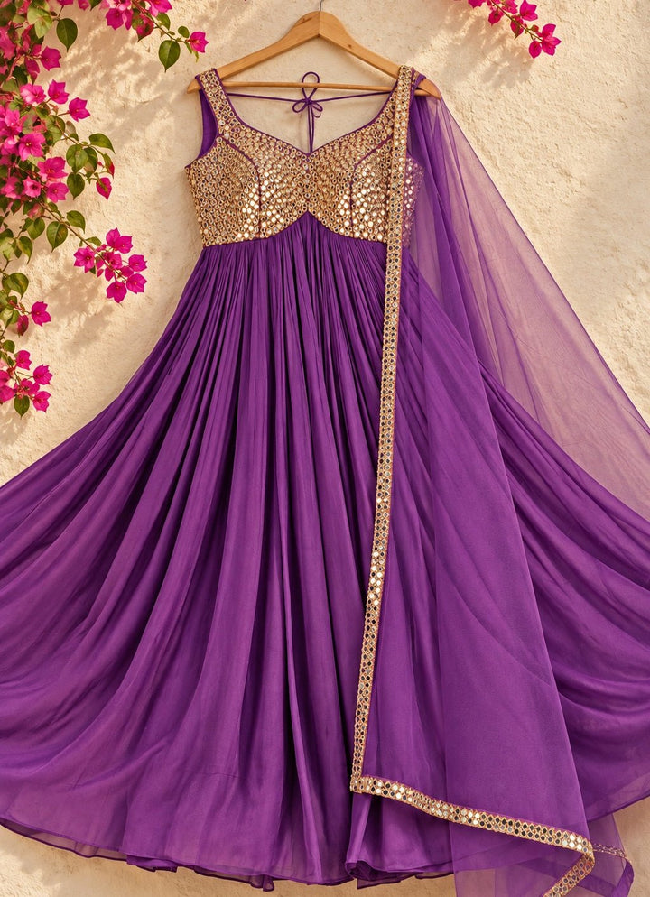 Anisha Shetty Purple Mirrorwork Georgette Anarkali SetFabilicious Fashion