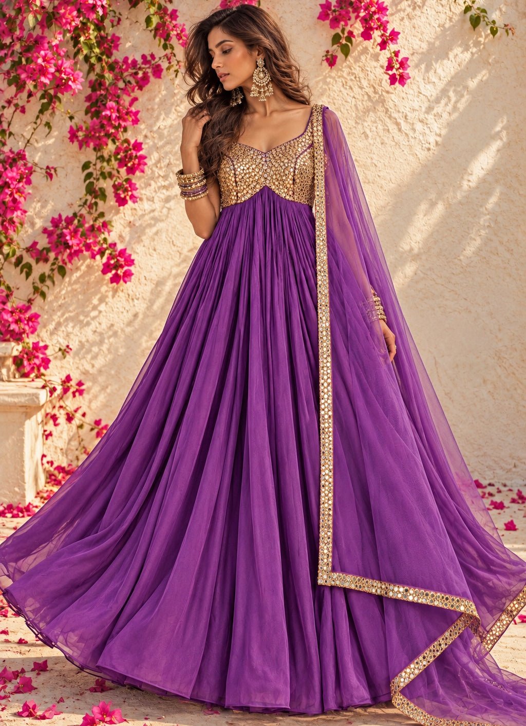 Anisha Shetty Purple Mirrorwork Georgette Anarkali SetFabilicious Fashion