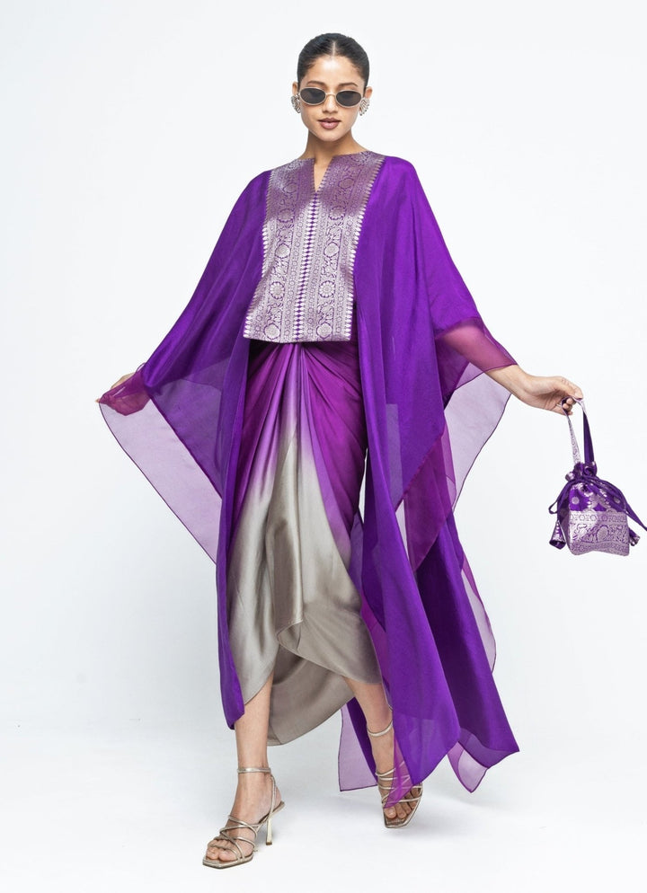 Purple Ombre Asymmetrical Tie Dress With Brocade Silk Cape Sobariko - Fabilicious Fashion
