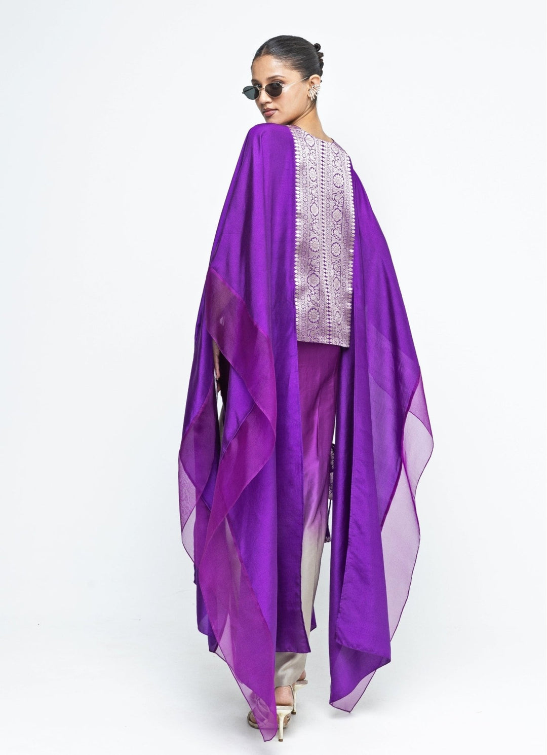 Purple Ombre Asymmetrical Tie Dress With Brocade Silk Cape Sobariko - Fabilicious Fashion