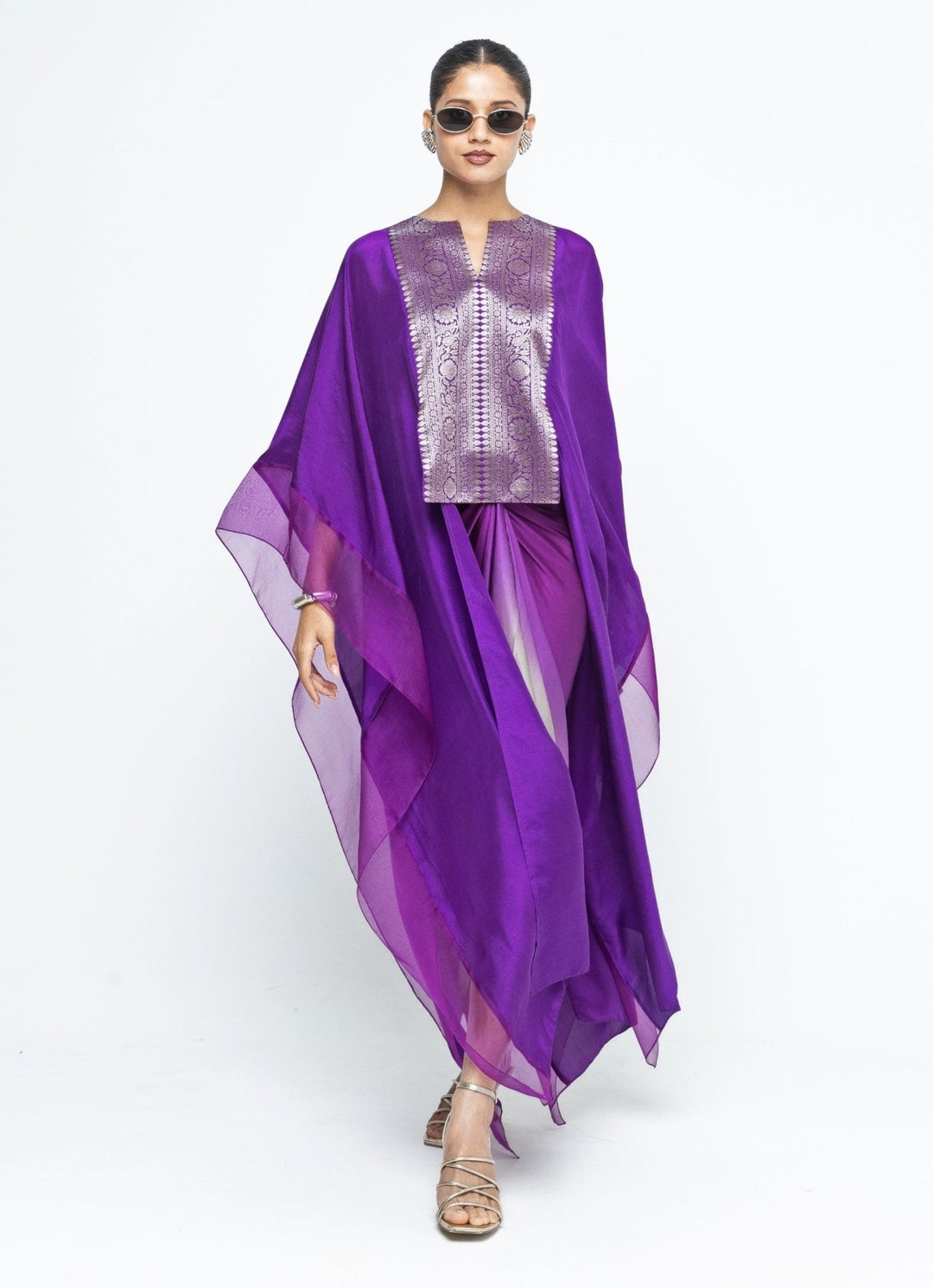 Purple Ombre Asymmetrical Tie Dress With Brocade Silk Cape Sobariko - Fabilicious Fashion