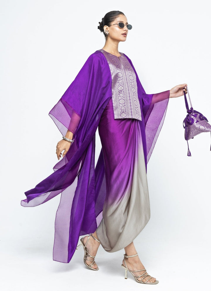 Purple Ombre Asymmetrical Tie Dress With Brocade Silk Cape Sobariko - Fabilicious Fashion