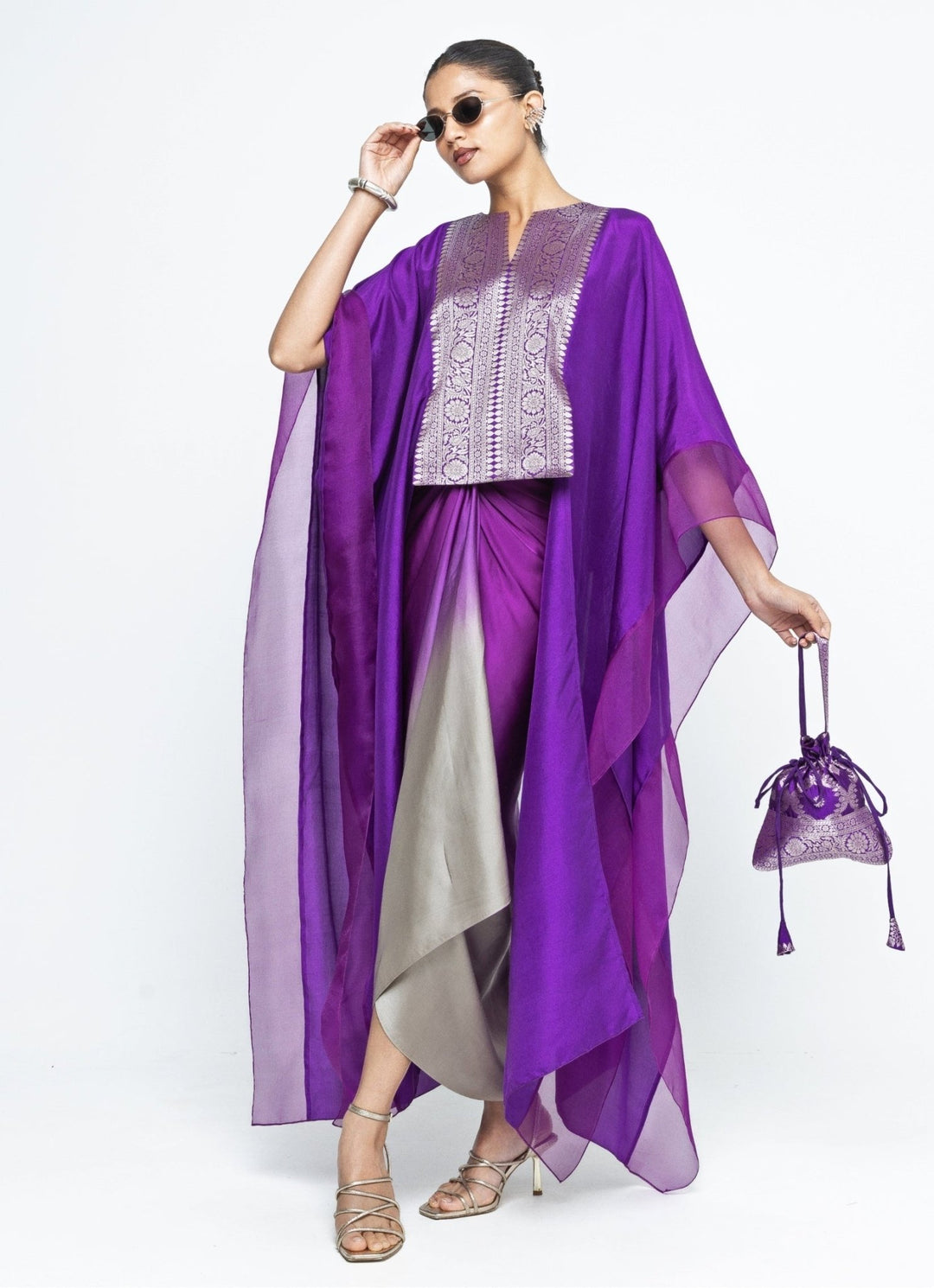 Purple Ombre Asymmetrical Tie Dress With Brocade Silk Cape Sobariko - Fabilicious Fashion