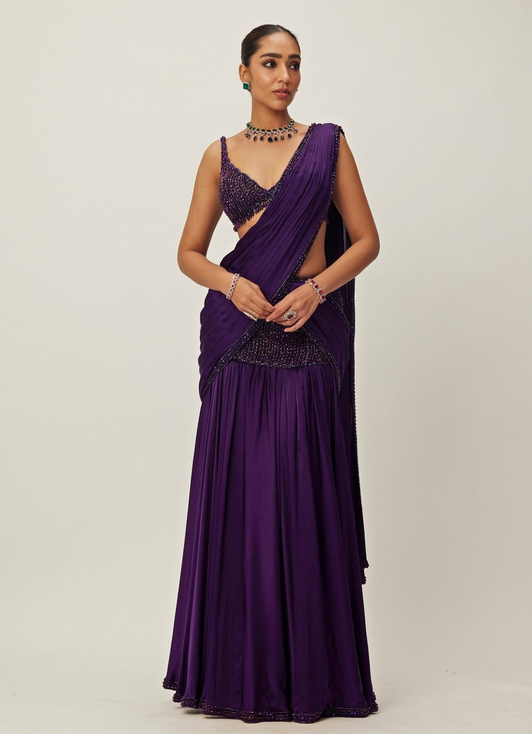 Purple Pre - Draped And Crystal Embroidered Satin Saree Set Vvani By Vani Vats - Fabilicious Fashion