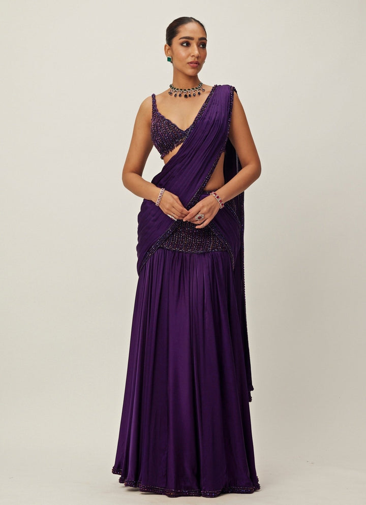 Purple Pre - Draped And Crystal Embroidered Satin Saree Set Vvani By Vani Vats - Fabilicious Fashion