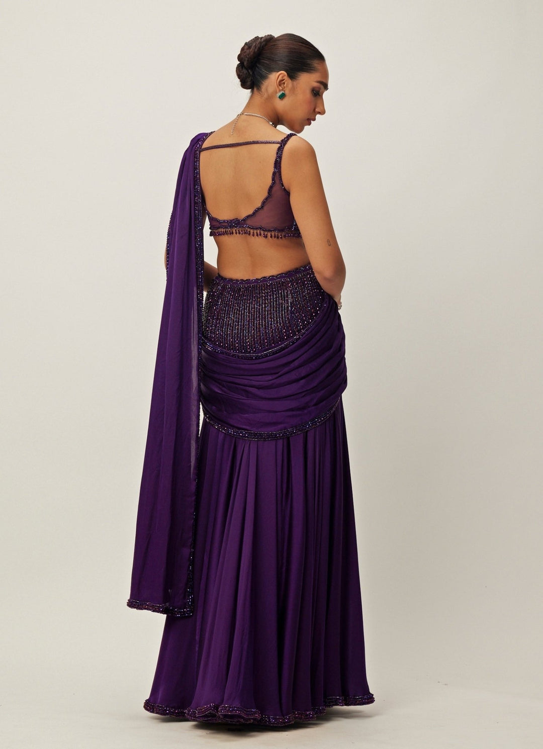 Purple Pre - Draped And Crystal Embroidered Satin Saree Set Vvani By Vani Vats - Fabilicious Fashion