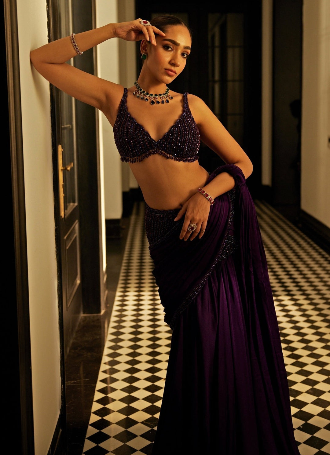 Purple Pre - Draped And Crystal Embroidered Satin Saree Set Vvani By Vani Vats - Fabilicious Fashion