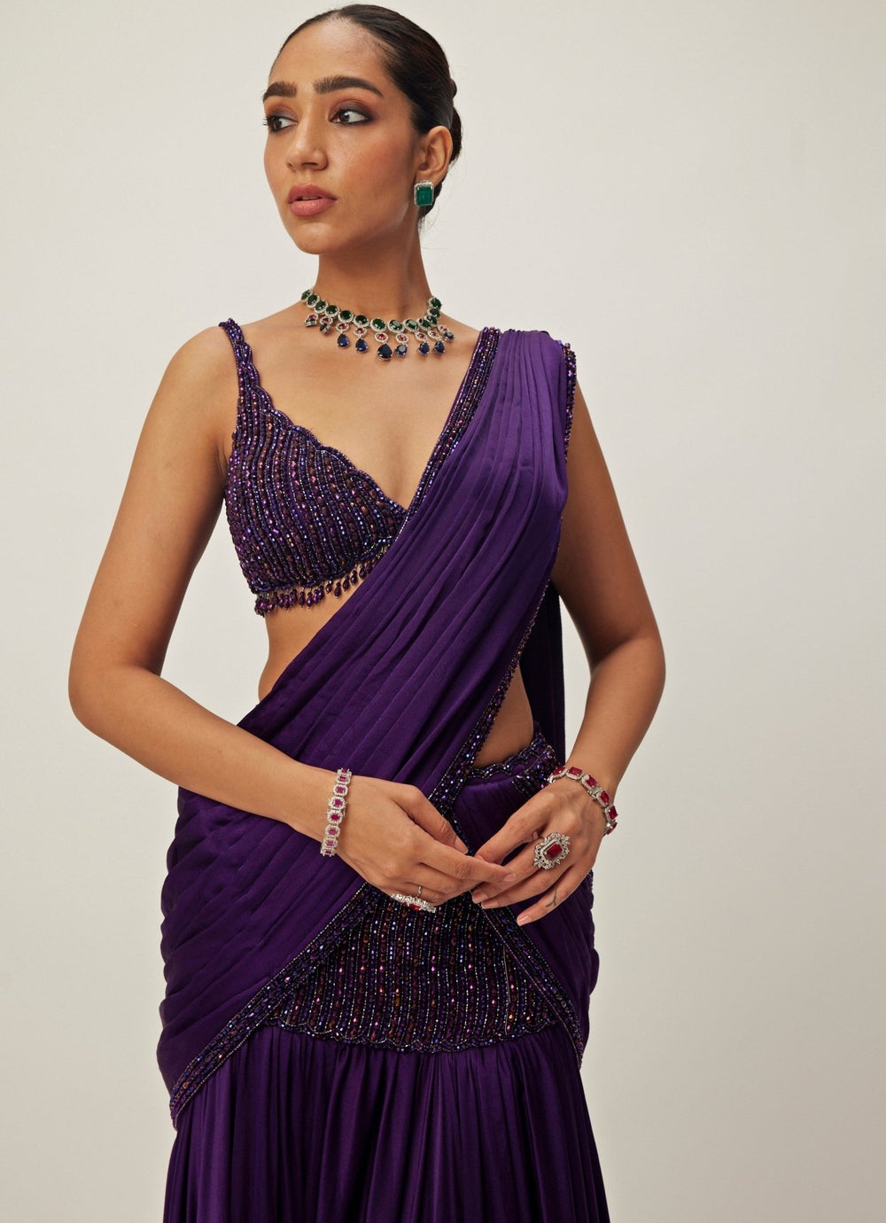 Purple Pre - Draped And Crystal Embroidered Satin Saree Set Vvani By Vani Vats - Fabilicious Fashion