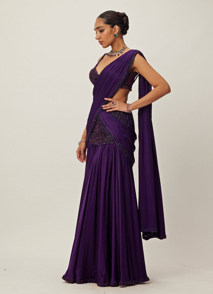 Purple Pre - Draped And Crystal Embroidered Satin Saree Set Vvani By Vani Vats - Fabilicious Fashion
