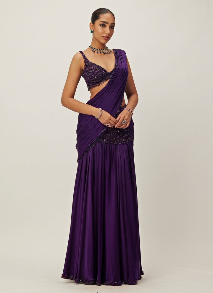 Purple Pre - Draped And Crystal Embroidered Satin Saree Set Vvani By Vani Vats - Fabilicious Fashion