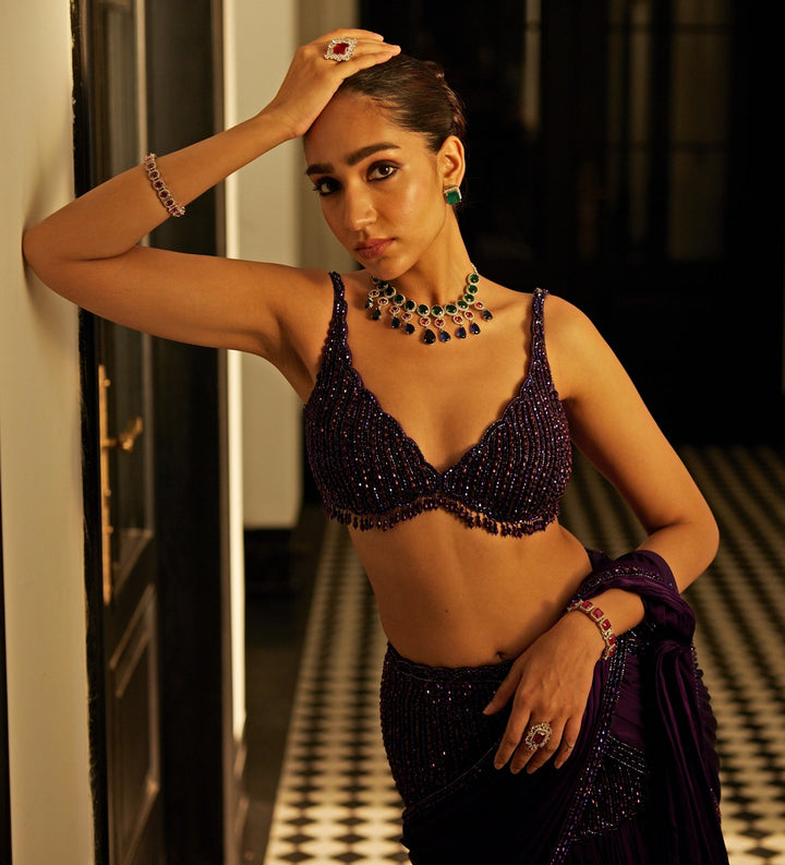 Purple Pre - Draped And Crystal Embroidered Satin Saree Set Vvani By Vani Vats - Fabilicious Fashion