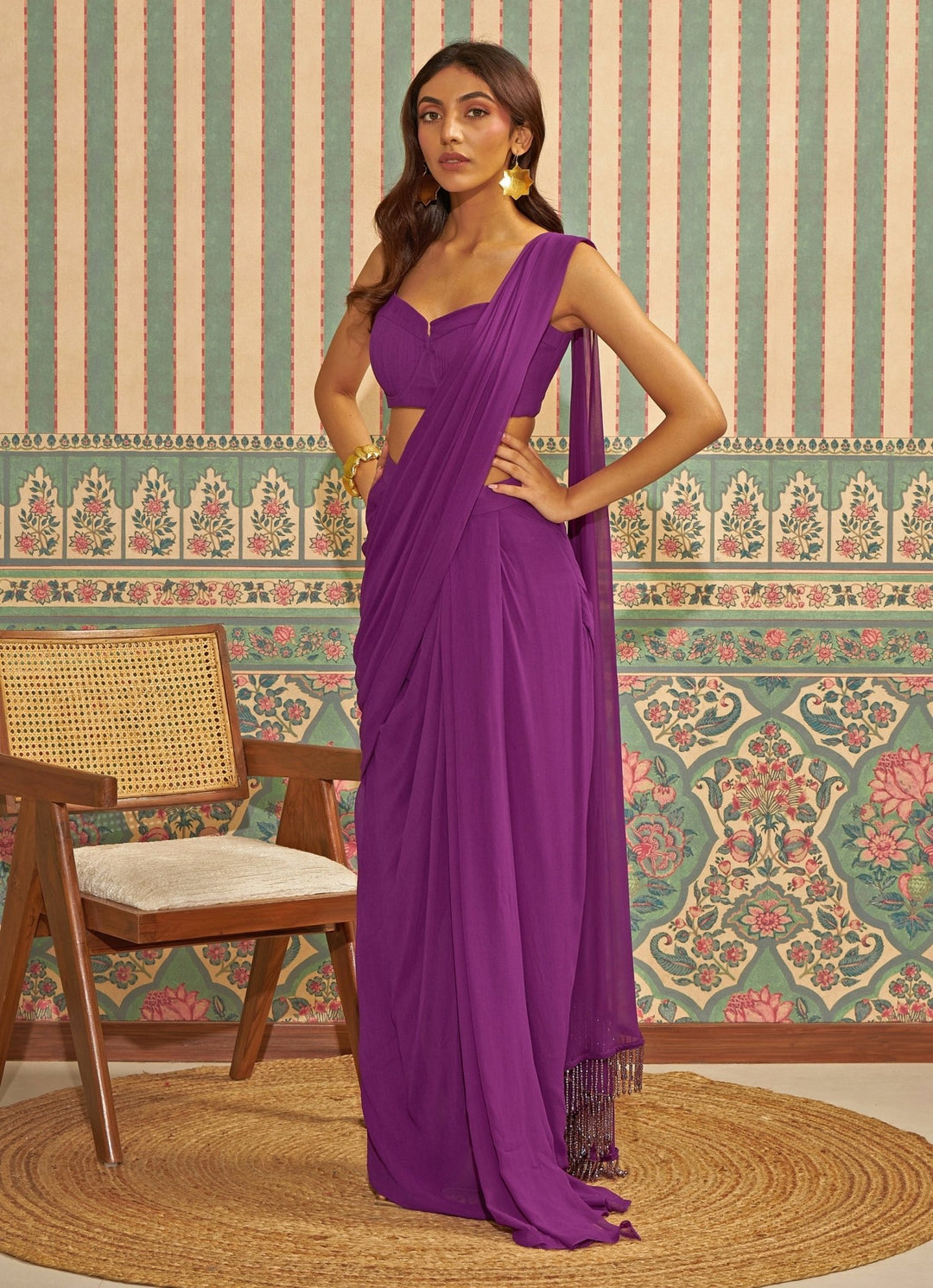 Purple Pre Draped Pure Georgette Saree With Bustier Blouse Ankita Bajaj Label - Fabilicious Fashion