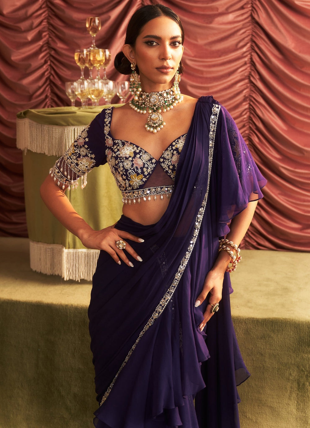Purple Pre Draped Saree With Embroidered Blouse Seema Thukral - Fabilicious Fashion
