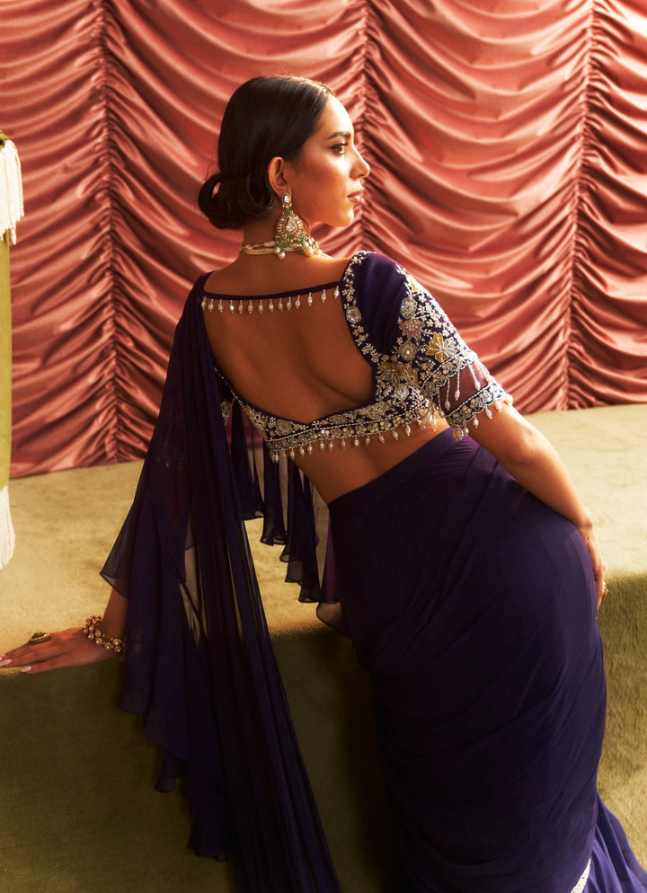 Purple Pre Draped Saree With Embroidered Blouse Seema Thukral - Fabilicious Fashion
