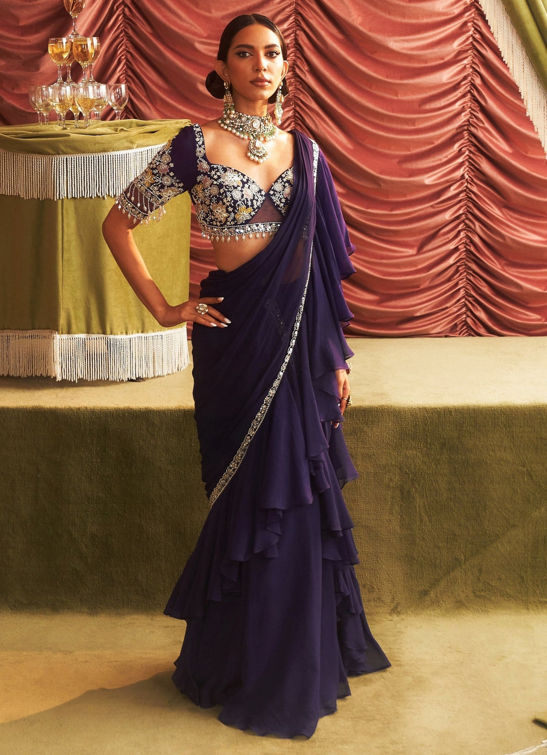 Purple Pre Draped Saree With Embroidered Blouse Seema Thukral - Fabilicious Fashion