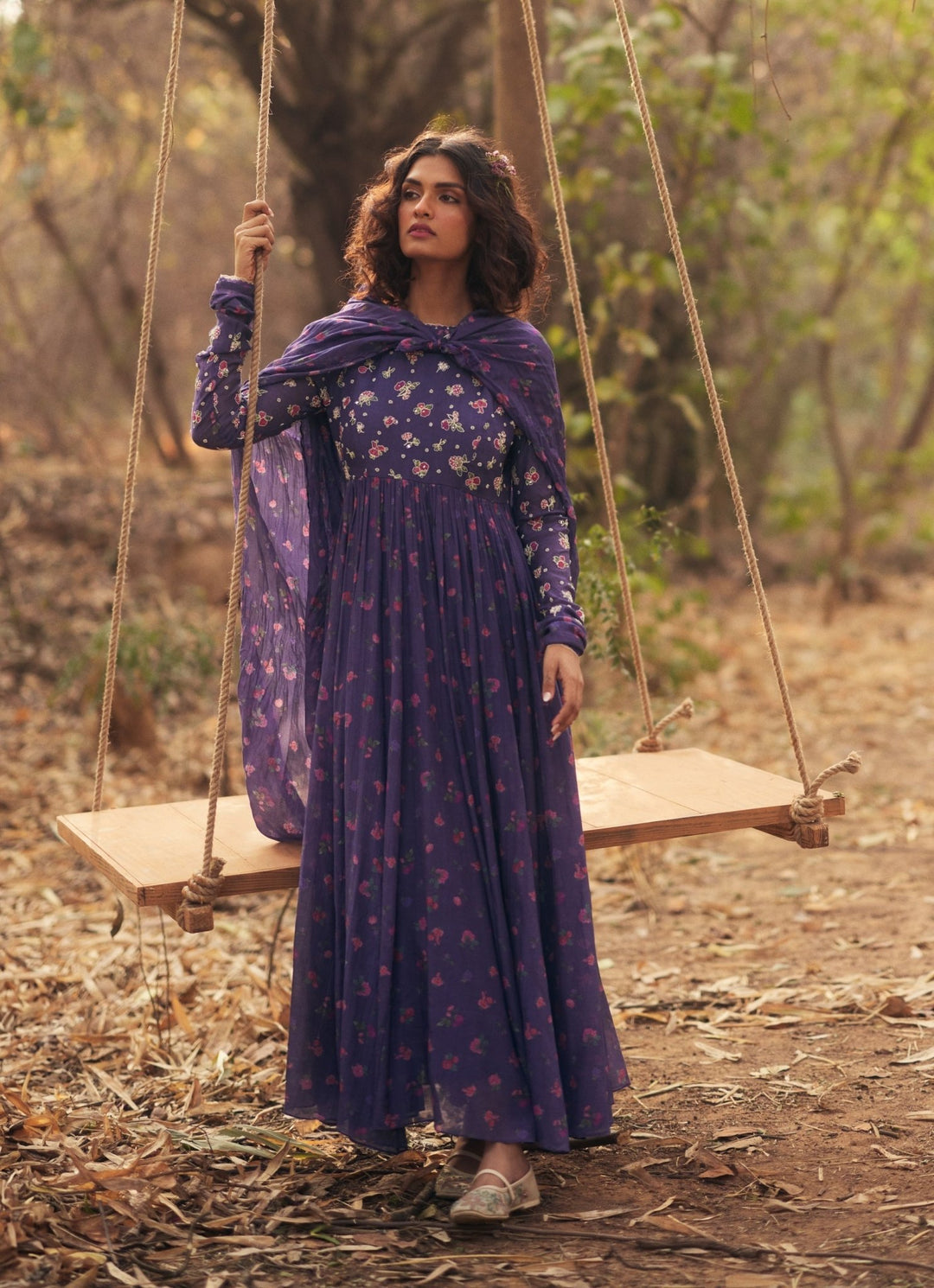 Purple Printed Chanderi Anarkali Set Paulmi and Harsh - Fabilicious Fashion