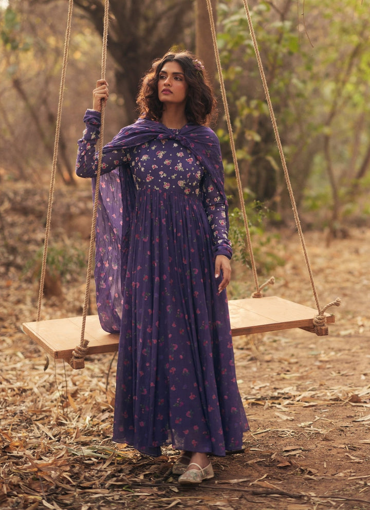 Purple Printed Chanderi Anarkali Set Paulmi and Harsh - Fabilicious Fashion