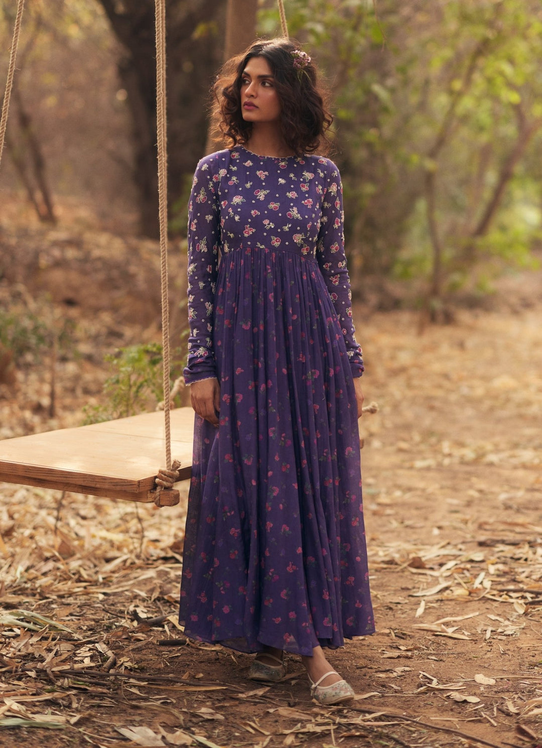 Purple Printed Chanderi Anarkali Set Paulmi and Harsh - Fabilicious Fashion